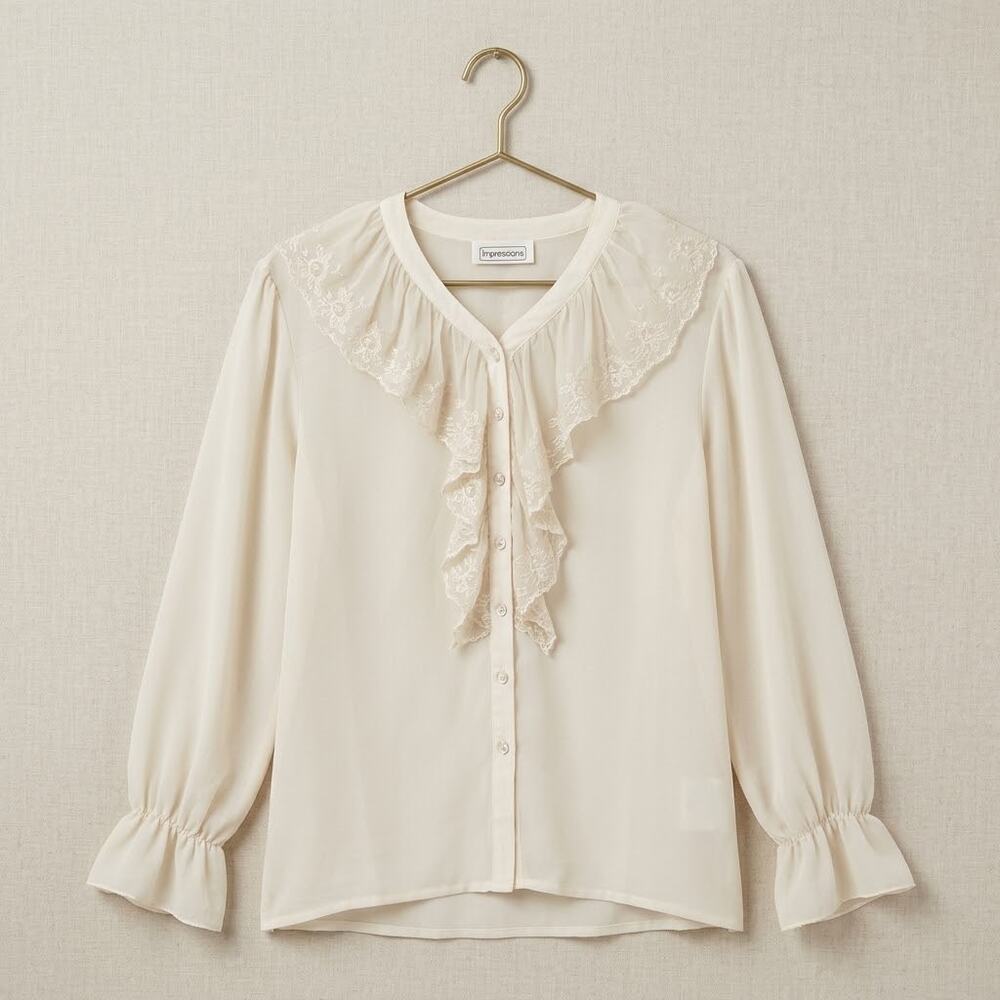 70s Ivory Lace Ruffle Retro Blouse Cream Sheer Collar Flowy Sleeves Coquette
